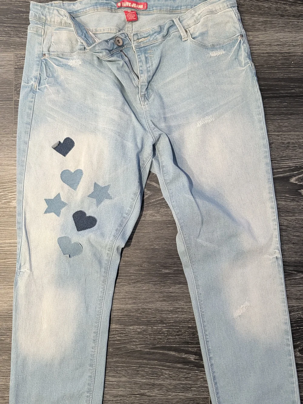 Blue Light-Wash Jeans with Heart & Star Patches